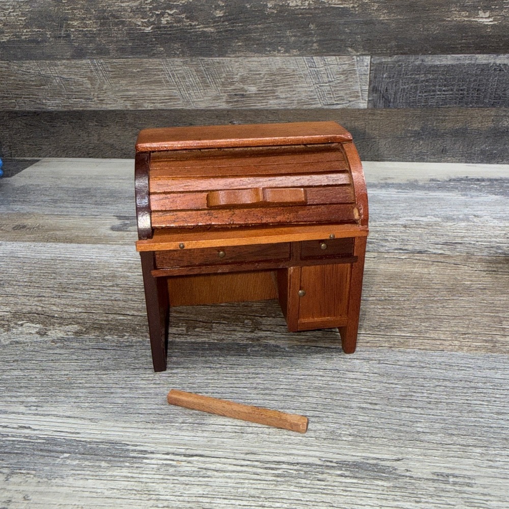Vintage Miniature Wooden Roll Top Desk Dollhouse Furniture 1:12 Scale